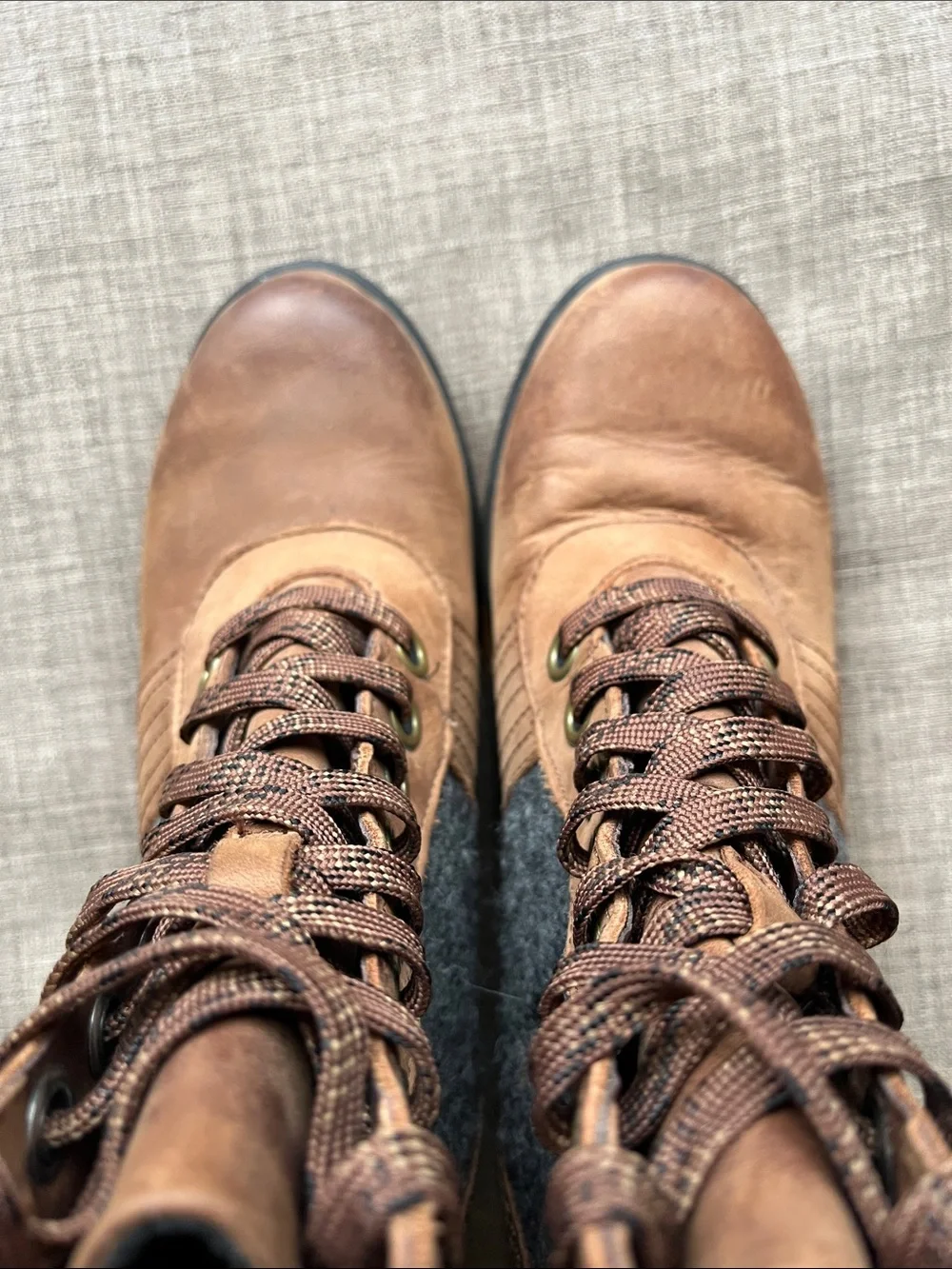 Sorel Lexie Wedge Boots Waterproof Brown Leather Gray Felt 6.5